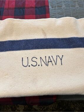 U.S. Navy Embroidered Wool Throw Blanket in Cream with Navy Stripe